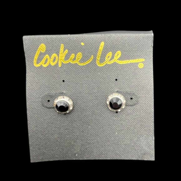 VTG Cookie Lee Earrings Silver Tone‎ Studs with Black Round Crystal Stone NEW - Picture 1 of 6
